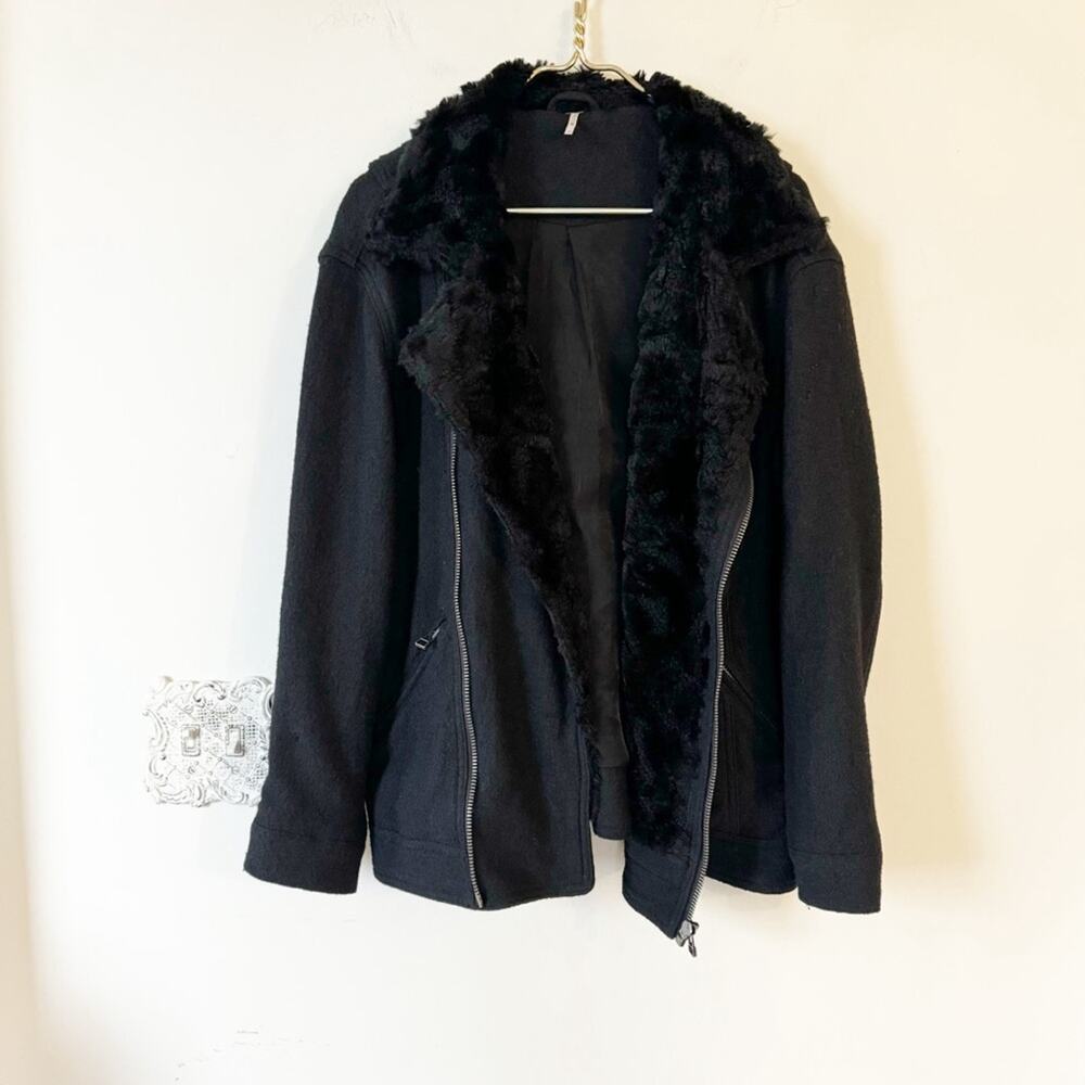 Free People Black Simple Salute Wool Faux Fur Collar Moto Military Jacket S - Picture 14 of 16